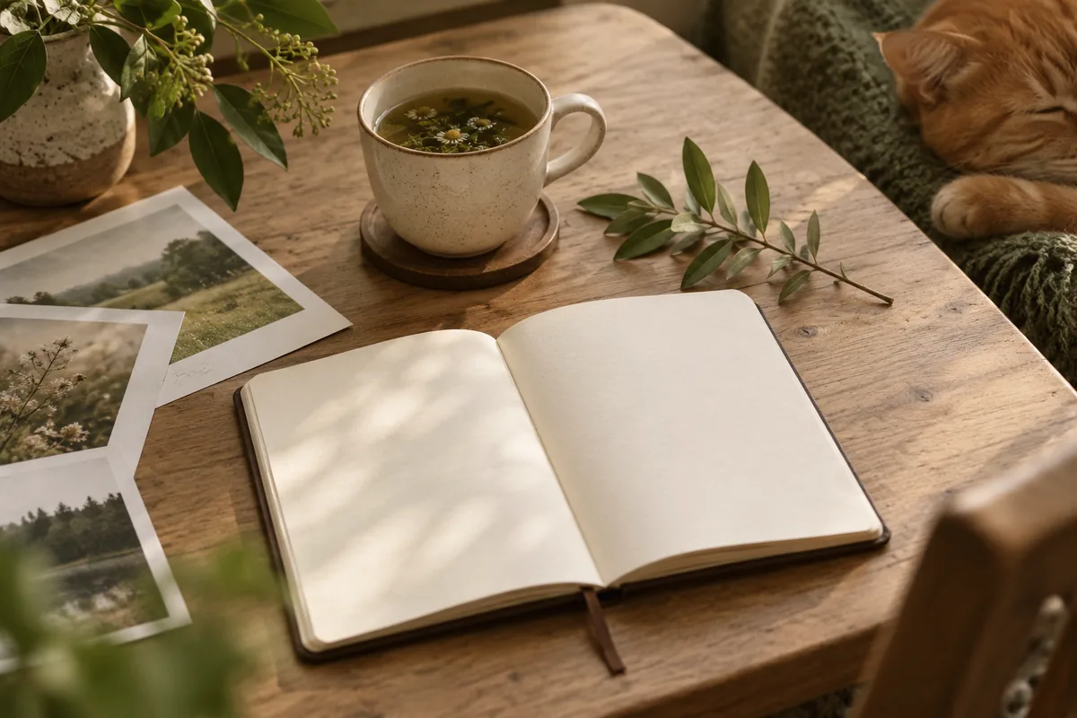Carnet ouvert aux pages vierges, tasse de tisane à la camomille et chat roux endormi au bord de la table