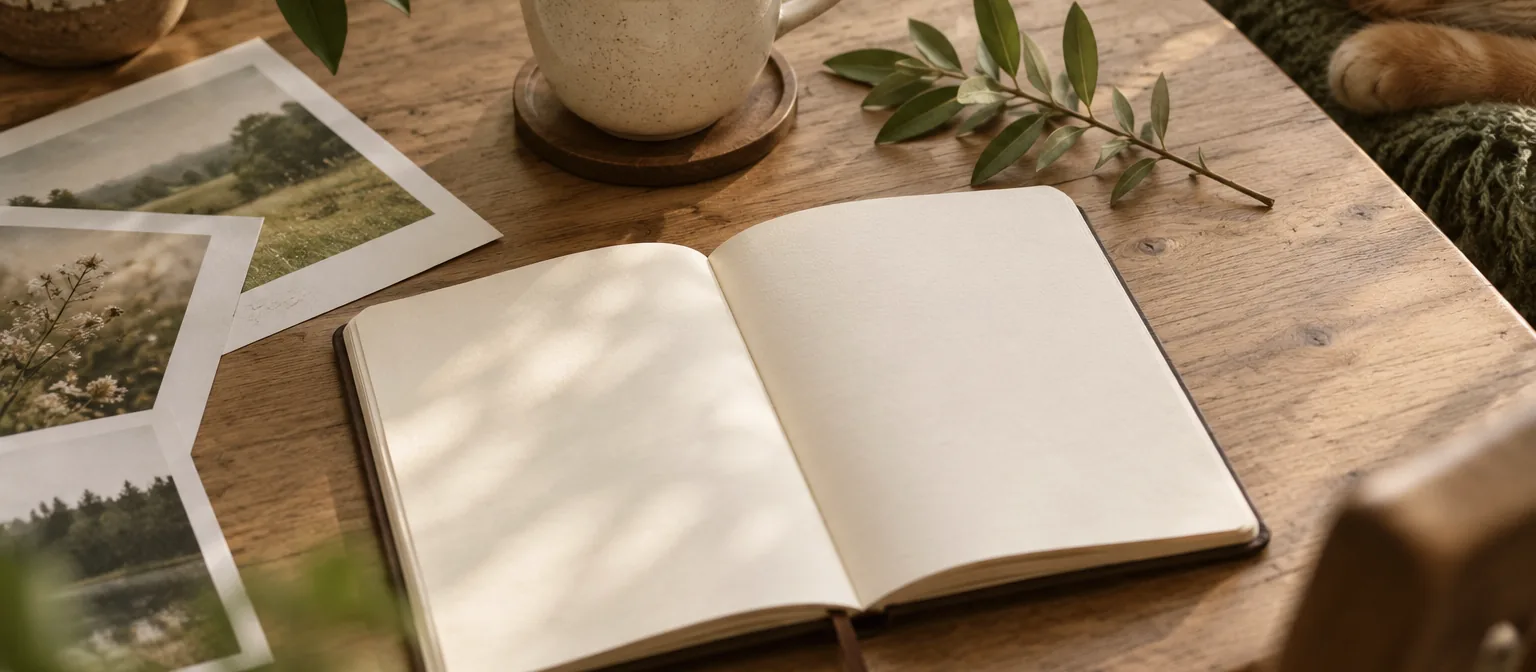 Carnet ouvert aux pages vierges, tasse de tisane à la camomille et chat roux endormi au bord de la table